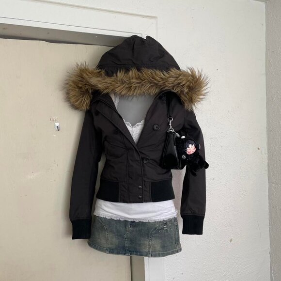 Womens Black Jacket Brown Faux Fur Hood S - Picture 4 of 4